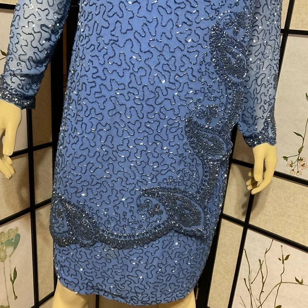 NITELINE by Della Roufogali Vintage 100% Silk Beaded Cocktail Dress Size 8